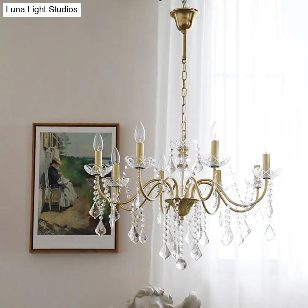 Rustic Faux Candle Pendant Light With Clear Crystal Strand - Rural Gold Metal Chandelier