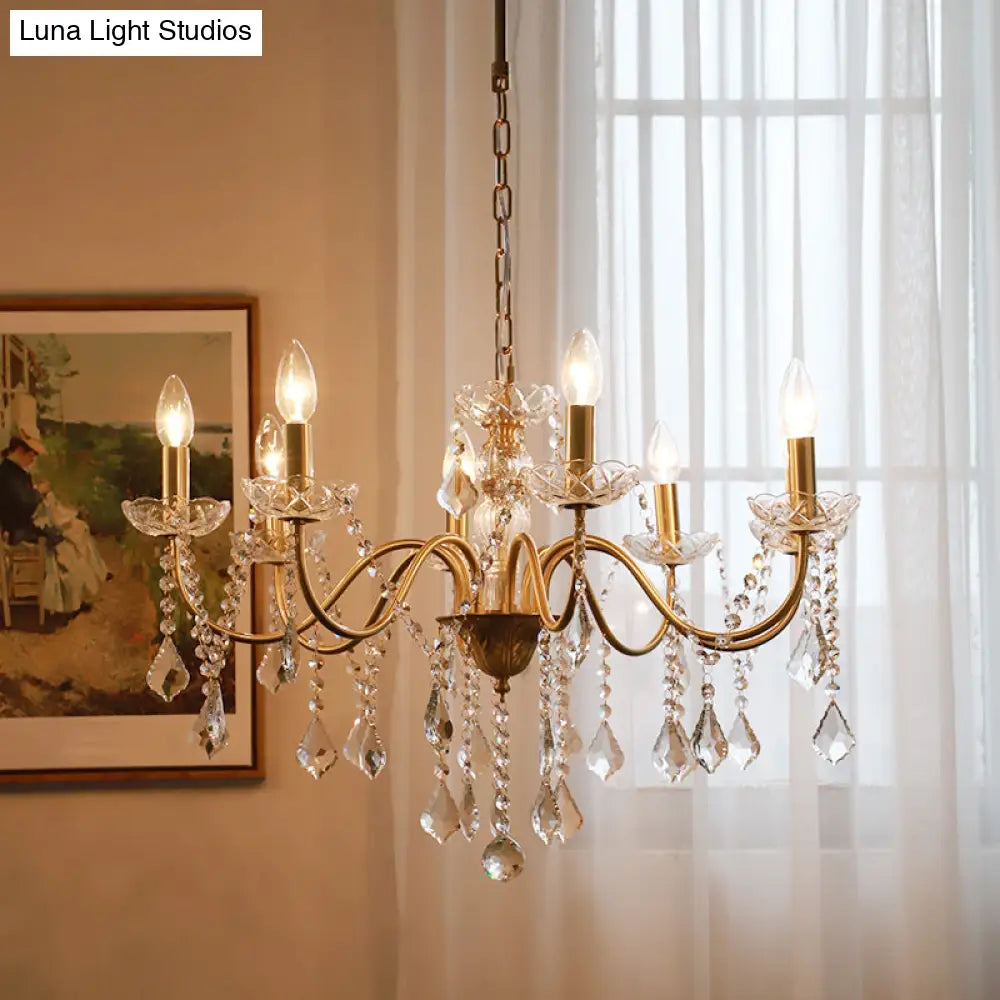 Rustic Faux Candle Pendant Light With Clear Crystal Strand - Rural Gold Metal Chandelier