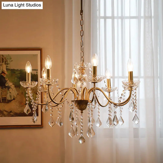 Rustic Faux Candle Pendant Light With Clear Crystal Strand - Rural Gold Metal Chandelier