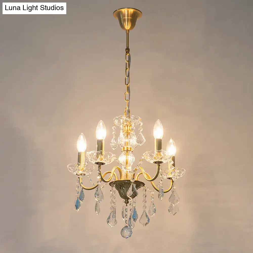Rustic Faux Candle Pendant Light With Clear Crystal Strand - Rural Gold Metal Chandelier