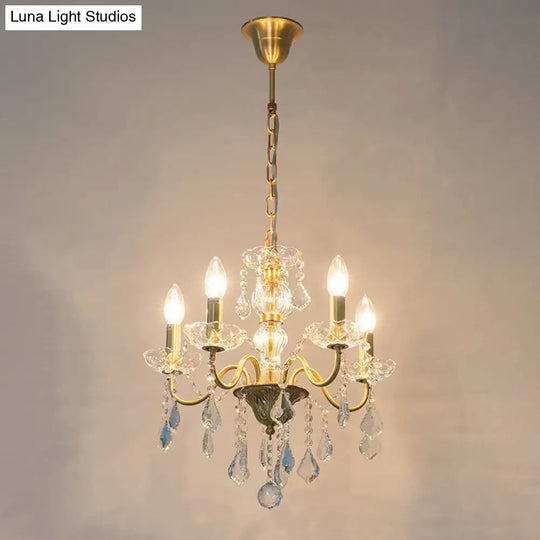 Rustic Faux Candle Pendant Light With Clear Crystal Strand - Rural Gold Metal Chandelier