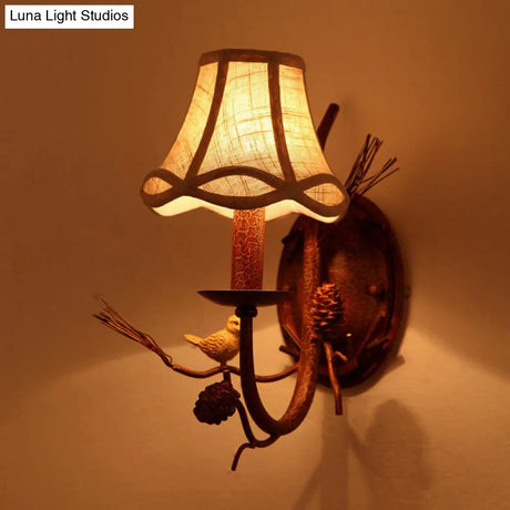Rustic Flared Wall Light With Bird Decor For Restaurant - Vintage Fabric Fixture