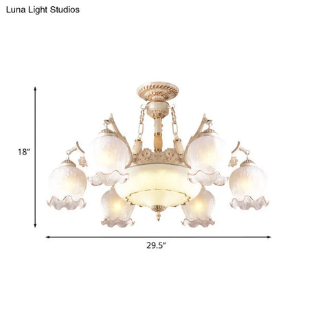 Rustic Floral Ceiling Light With White Glass Shades - 7/9/11 Head Semi Flush Mount For Living Room