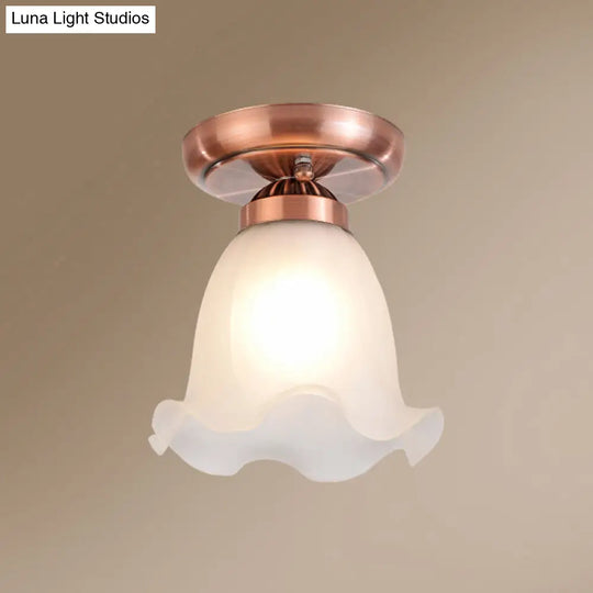 Rustic Floral Frosted White Glass Flush Mount Bedroom Ceiling Light Fixture Copper