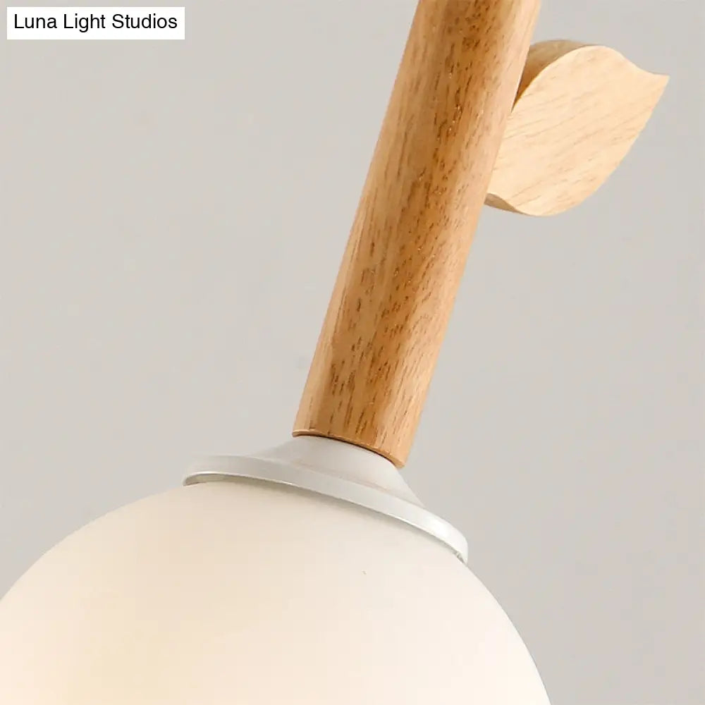 Rustic Flower Pendant Lamp W/ 3 Glass Lights & Wood Leaf For Kitchen Ceiling - White