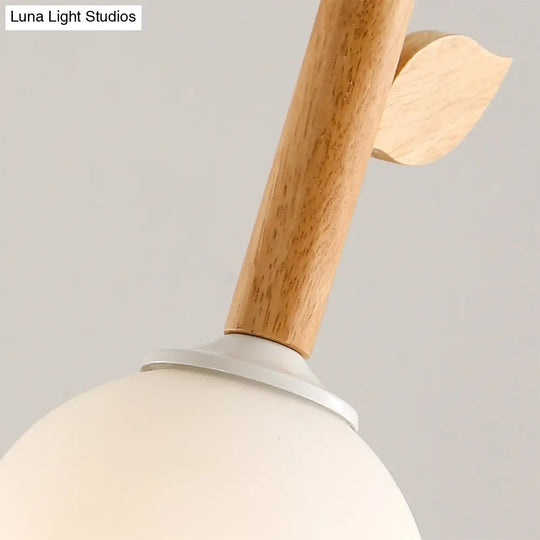 Rustic Flower Pendant Lamp W/ 3 Glass Lights & Wood Leaf For Kitchen Ceiling - White