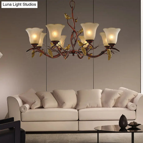 Rustic Frosted Glass Ceiling Chandelier With Bird Flower Shape 3/6/8 Lights - Brown Hanging Fixture