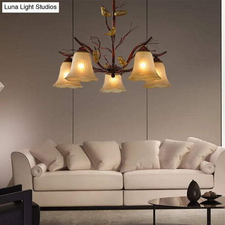 Rustic Frosted Glass Ceiling Chandelier With Bird Flower Shape 3/6/8 Lights - Brown Hanging Fixture