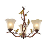 Rustic Frosted Glass Ceiling Chandelier With Bird Flower Shape 3/6/8 Lights - Brown Hanging Fixture
