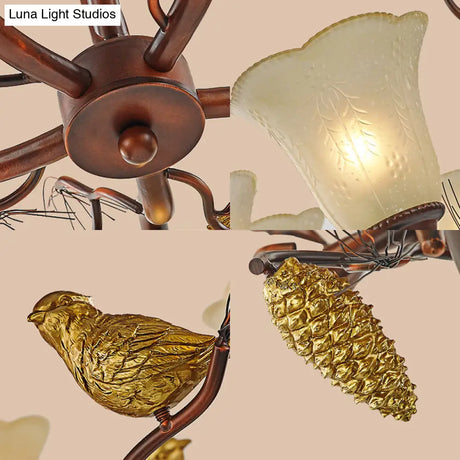Rustic Frosted Glass Ceiling Chandelier With Bird Flower Shape 3/6/8 Lights - Brown Hanging Fixture
