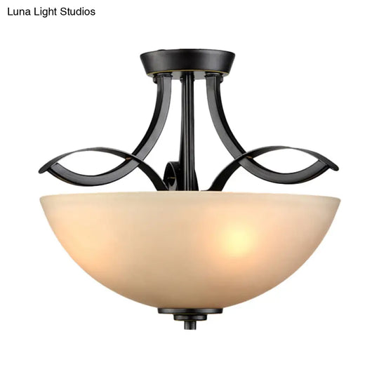 Rustic Frosted Glass Ceiling Light: Black Semi Flush 3-Bulb Bowl For Bedroom