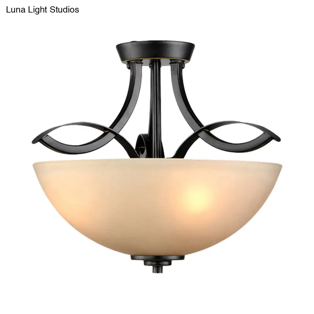 Rustic Frosted Glass Ceiling Light: Black Semi Flush 3 - Bulb Bowl For Bedroom