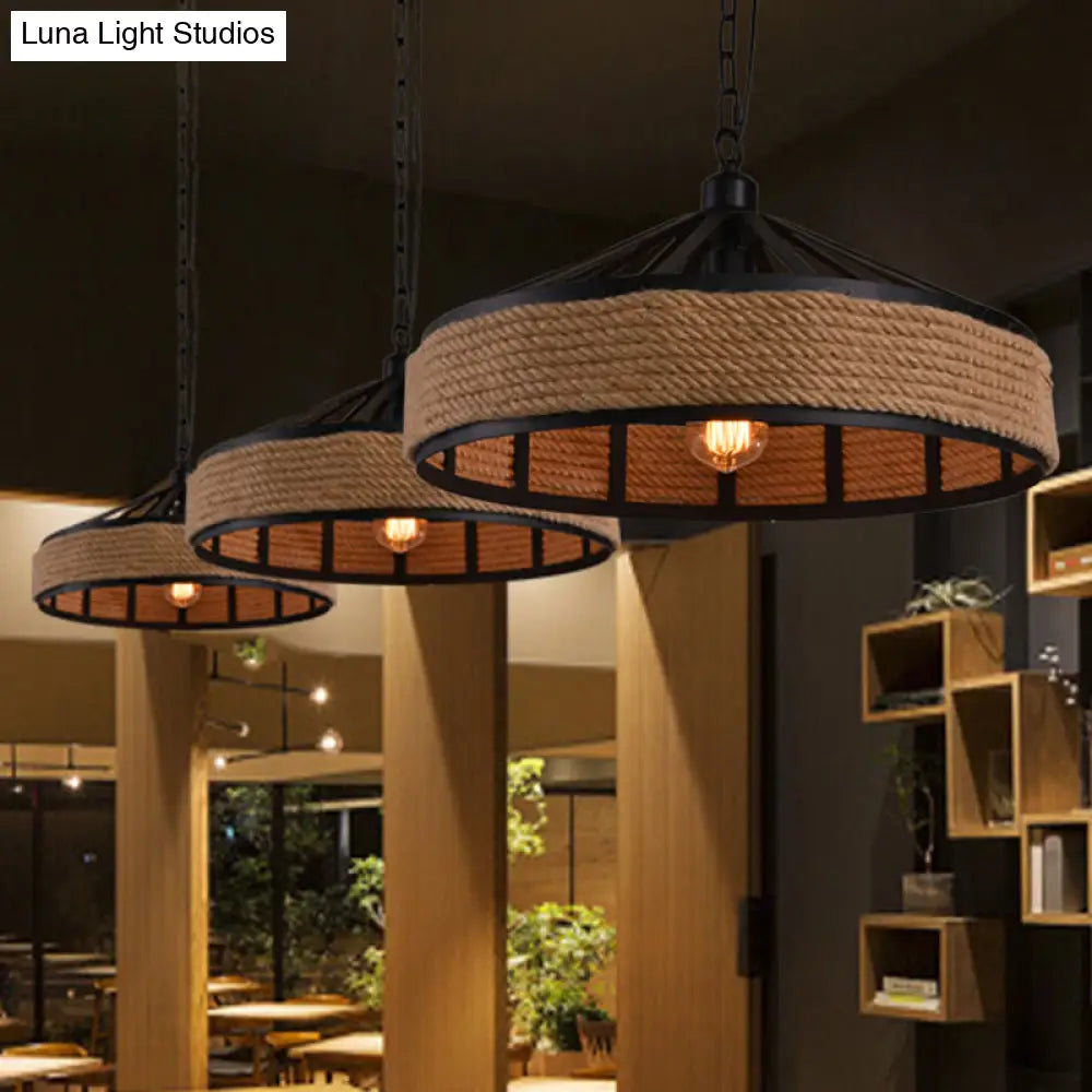 Rustic Geometric Hemp Rope Pendant Light With Single Bulb - Ideal For Restaurants Black Fixture
