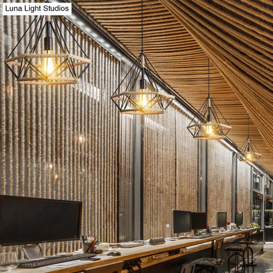 Hemp Rope Pendant Light Fixture - Geometric Rustic Design 1-Bulb Black