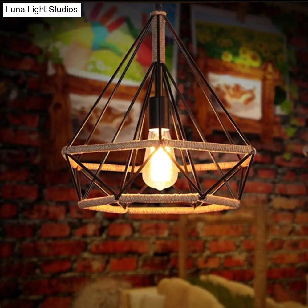 Hemp Rope Pendant Light Fixture - Geometric Rustic Design 1-Bulb Black / A