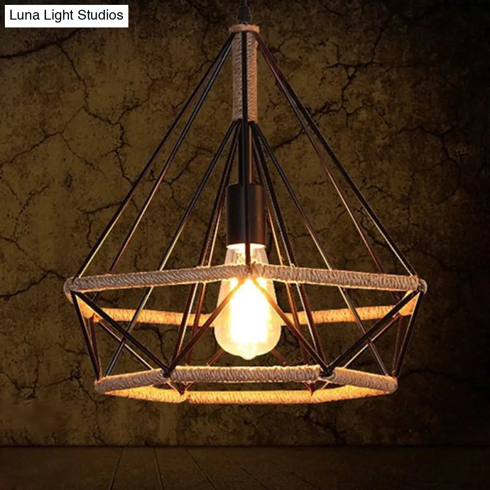 Rustic Geometric Hemp Rope Pendant Light With Single Bulb - Ideal For Restaurants Black Fixture