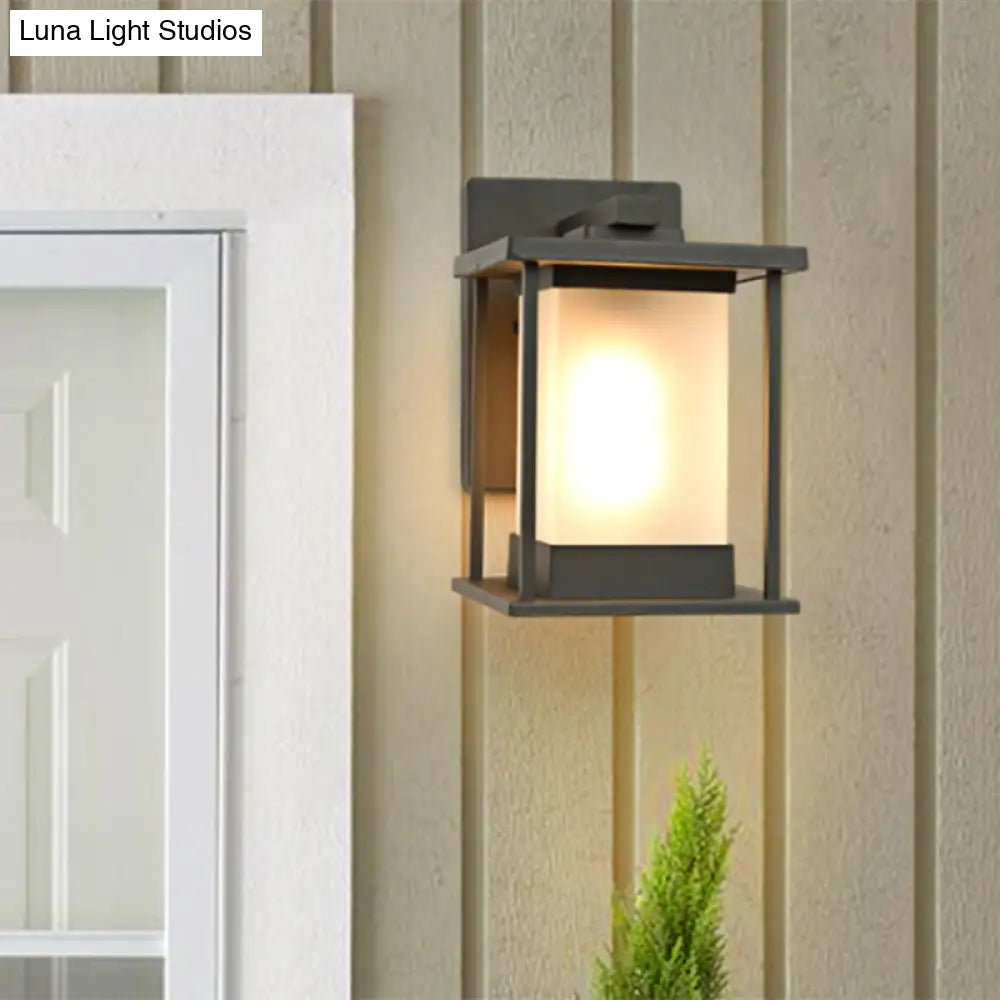Rustic Glass & Metal Outdoor Wall Lamp With 1 Bulb In Coffee/Black