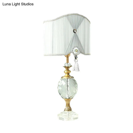 Rustic Globe Night Lamp With Crystal Table Light - Single Bulb White Drum Fabric Shade