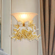 Rustic Gold/Beige Opal Fluted Glass Wall Light With Dual Angels Decor - Mounted Lamp Beige