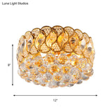 Rustic Gold Drum Shade Crystal Orb Flush Mount Lamp: 3 - Head Bedroom Ceiling Light Fixture