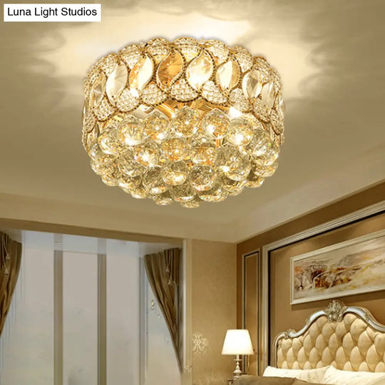 Rustic Gold Drum Shade Crystal Orb Flush Mount Lamp: 3-Head Bedroom Ceiling Light Fixture