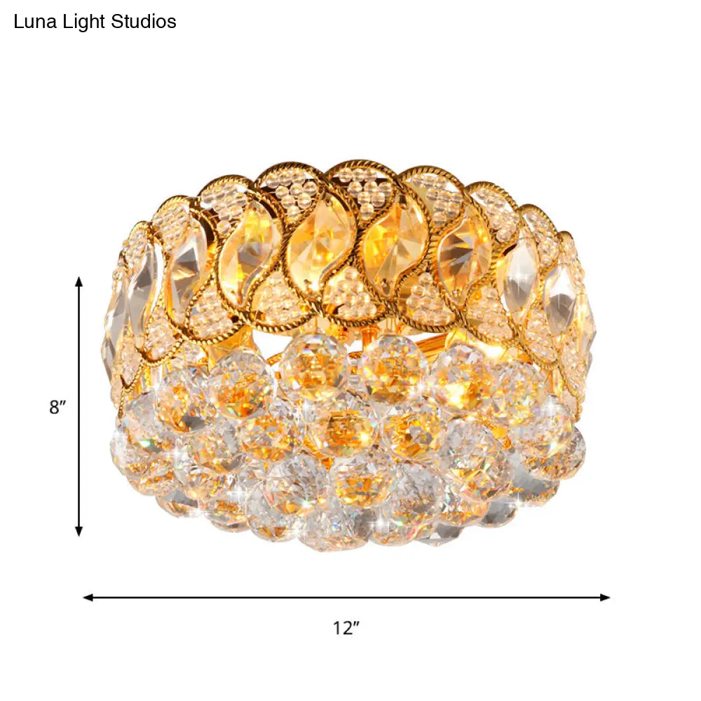 Rustic Gold Drum Shade Crystal Orb Flush Mount Lamp: 3 - Head Bedroom Ceiling Light Fixture