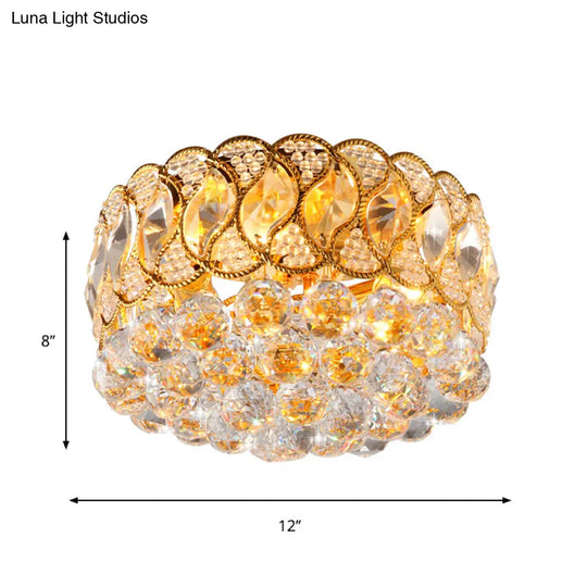 Rustic Gold Drum Shade Crystal Orb Flush Mount Lamp: 3 - Head Bedroom Ceiling Light Fixture