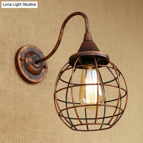Rustic Gooseneck Wall Sconce With Ball Cage Rust/Black Finish