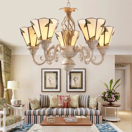 Rustic Green Leaf Chandelier With Beige Glass - 5-Light Hanging Ceiling Fixture For Hall