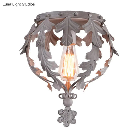 Rustic Grey/White/Gold Metal Leaf Crown Flush Light Ceiling Lamp For Corridor