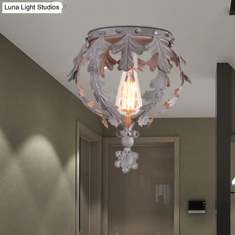 Rustic Grey/White/Gold Metal Leaf Crown Flush Light Ceiling Lamp For Corridor