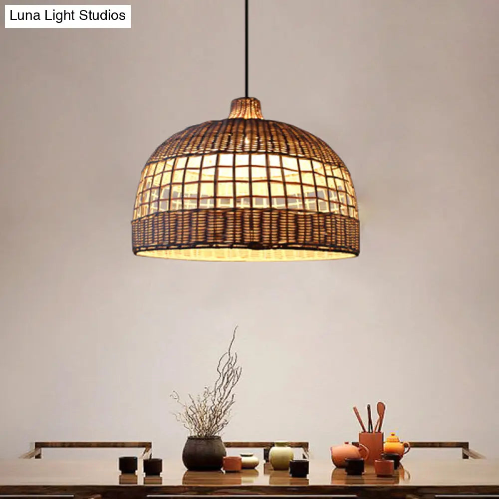 Rustic Gridded Bamboo Pendant Lamp For Table Suspended By 1 Bulb