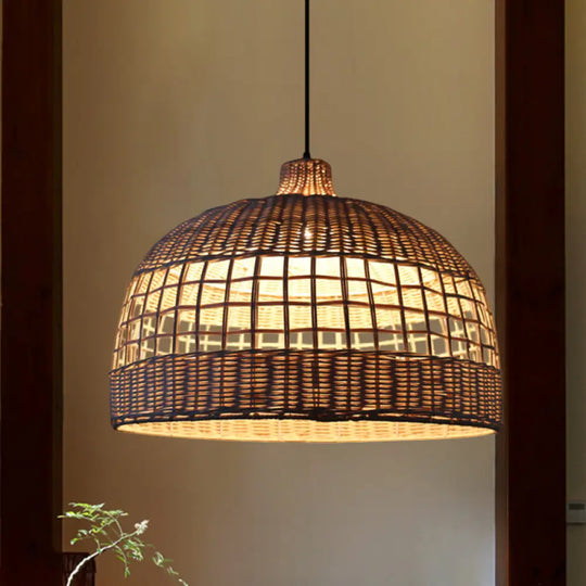 Rustic Gridded Bamboo Pendant Lamp For Table Suspended By 1 Bulb Beige