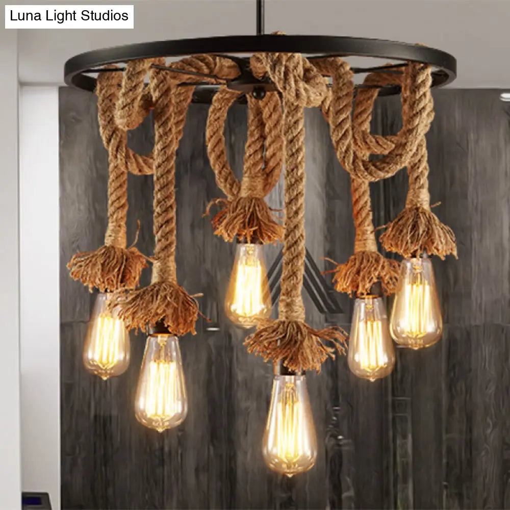 Rustic Hand-Wrapped Rope Chandelier With Decorative Wheel - Brown Bare Bulb Hanging Lamp 6 /