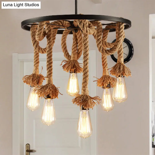 Rustic Hand-Wrapped Rope Chandelier With Decorative Wheel - Brown Bare Bulb Hanging Lamp