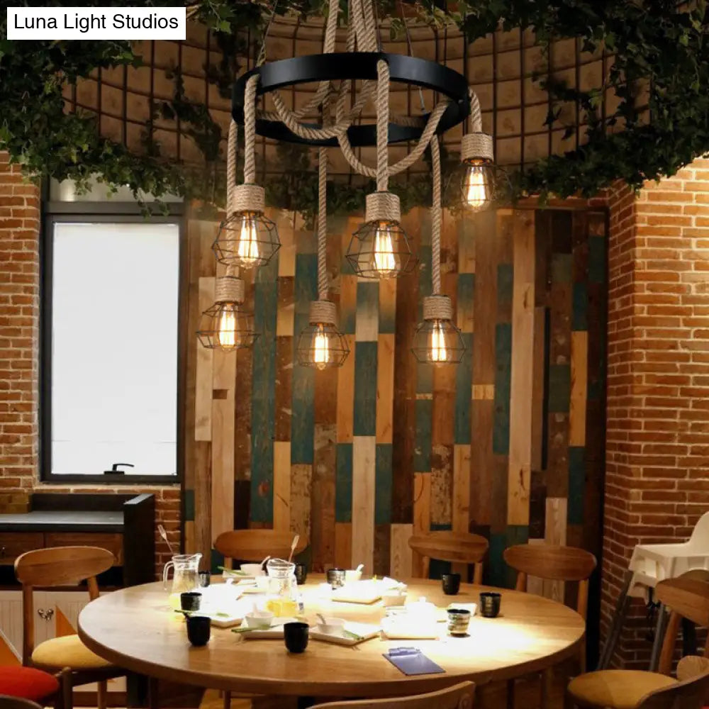 Rustic Hemp Rope Chandelier: Caged Sitting Room Pendant With 6 Lights Brown