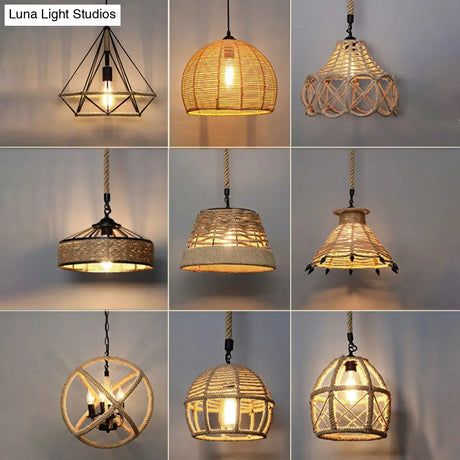 Rustic Hemp Rope Hanging Lamp Vintage Single-Bulb Pendant For Restaurants - Brown