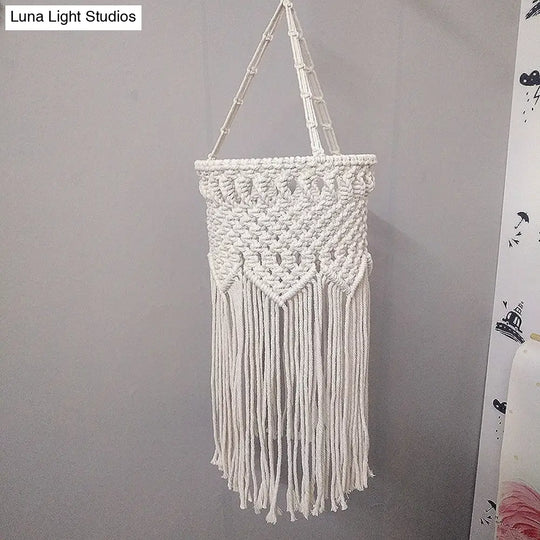 Rustic Hemp Rope Pendant Light With Criss-Cross Fringe Corridor Drop Design - 1 Head White