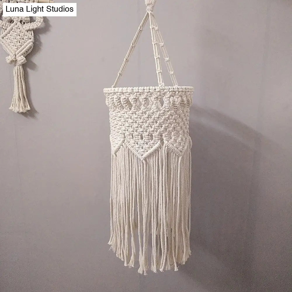 Rustic Hemp Rope Pendant Light With Criss-Cross Fringe Corridor Drop Design - 1 Head White