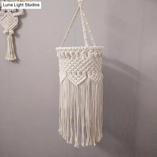 Rustic Hemp Rope Pendant Light With Criss-Cross Fringe Corridor Drop Design - 1 Head White