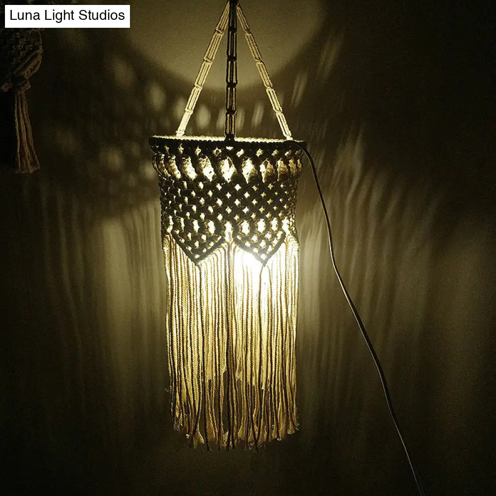 Rustic Hemp Rope Pendant Light With Criss-Cross Fringe Corridor Drop Design - 1 Head White