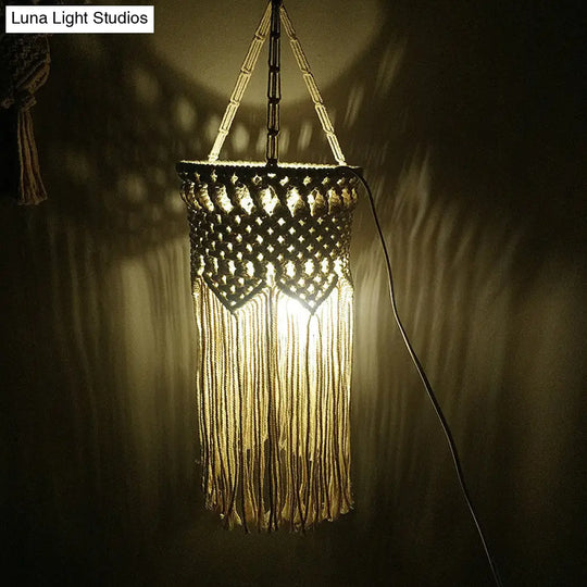 Rustic Hemp Rope Pendant Light With Criss-Cross Fringe Corridor Drop Design - 1 Head White