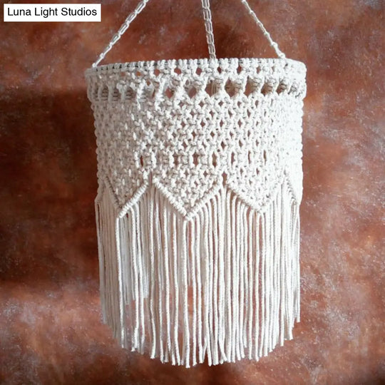 Rustic Hemp Rope Pendant Light With Criss-Cross Fringe Corridor Drop Design - 1 Head White