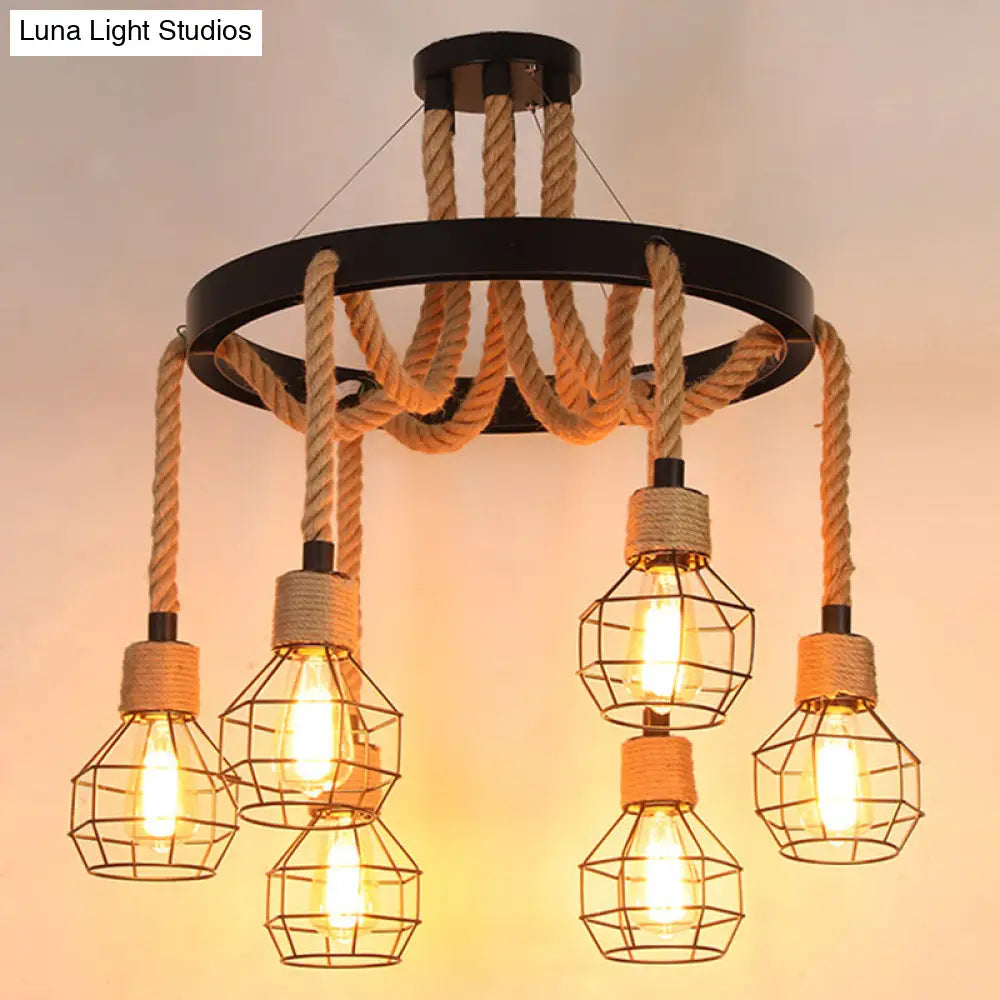 Rustic Hemp Rope Chandelier - Black Dangling Suspension Light For Restaurants 6 / E