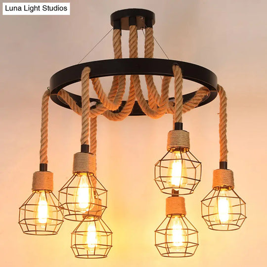 Rustic Hemp Rope Chandelier - Black Dangling Suspension Light For Restaurants 6 / E