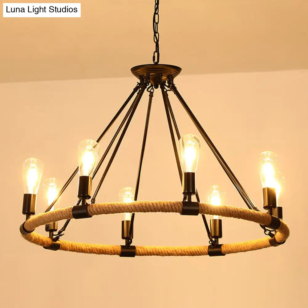 Rustic Hemp Rope Chandelier - Black Dangling Suspension Light For Restaurants 8 / B