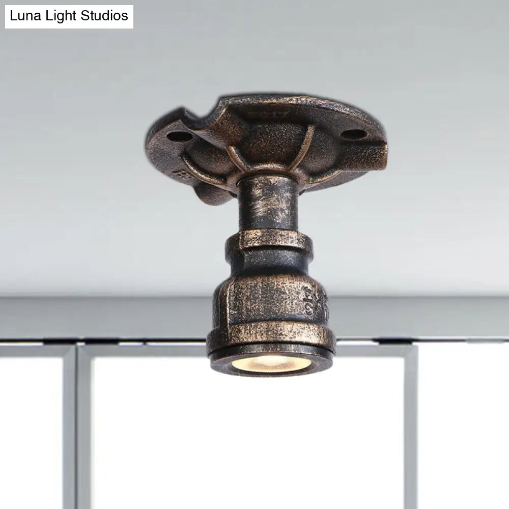 Rustic Industrial Antique Brass Water Pipe Ceiling Light With 1 Metal Semi Flush Mount - Perfect For