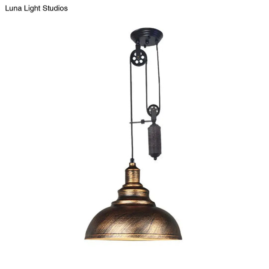Rustic Industrial Dome Pendant Lamp With Pulley - 1 Light Brown/Grey Fixture For Living Room