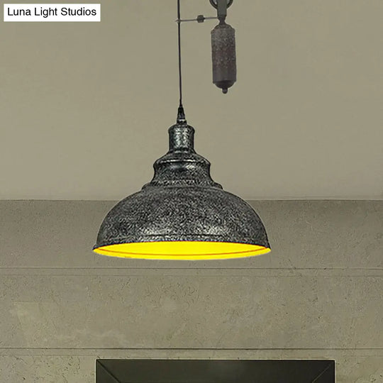 Rustic Industrial Dome Pendant Lamp With Pulley - 1 Light Metal Fixture In Brown/Grey For Living
