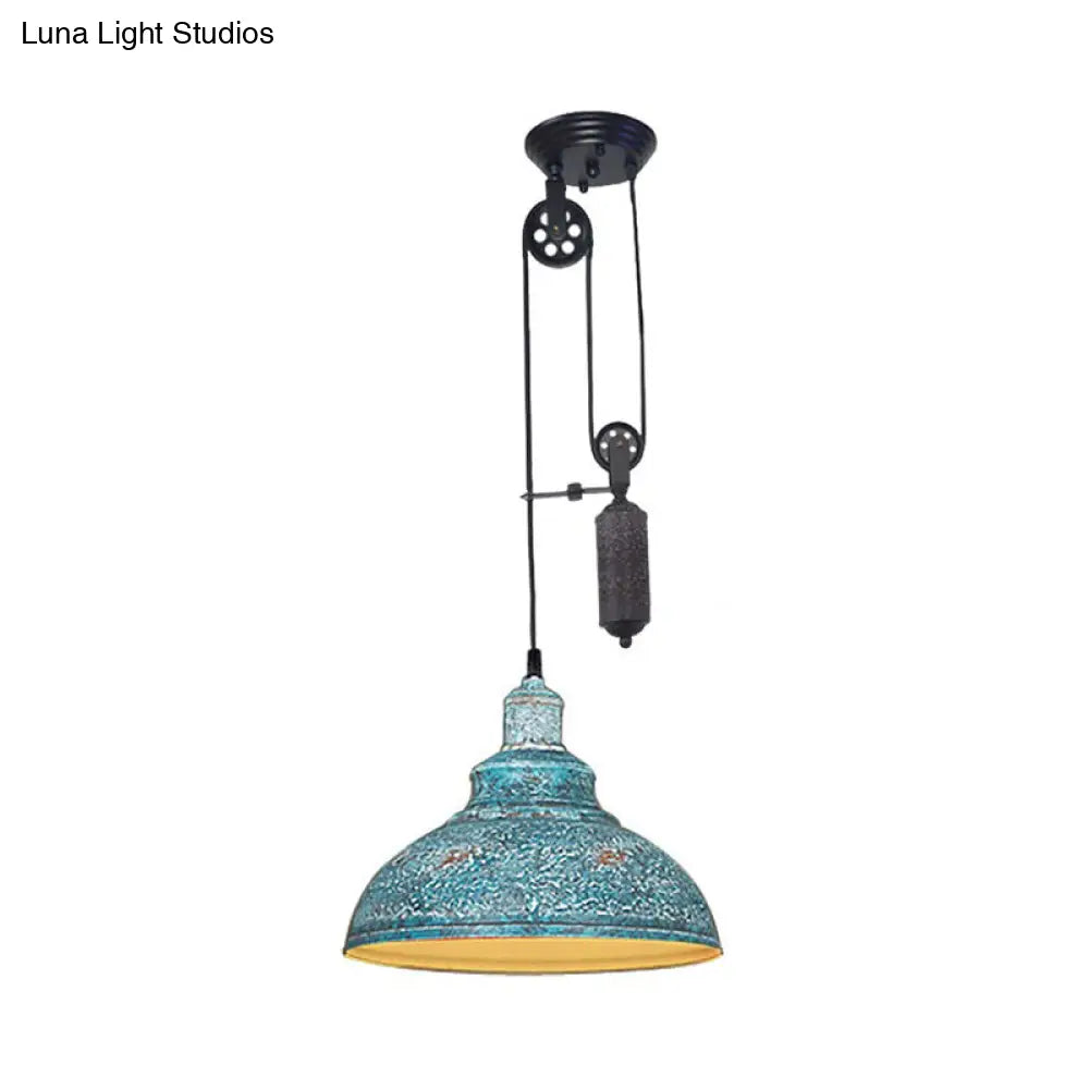 Rustic Industrial Dome Pendant Lamp With Pulley - 1 Light Brown/Grey Fixture For Living Room